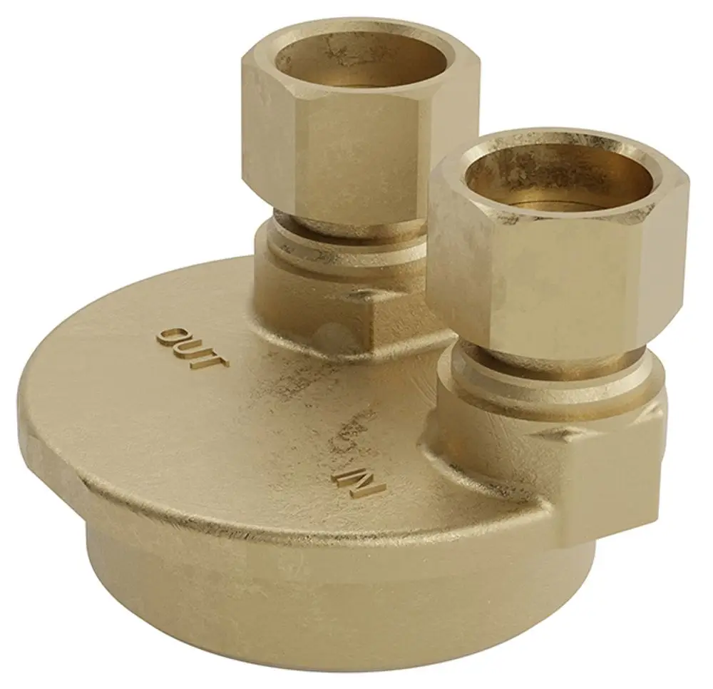 SYR Anschlussadapter mit zwei Anschlüssen, einer gekennzeichnet mit "IN" und der andere mit "OUT", aus Metall mit runder Basis.